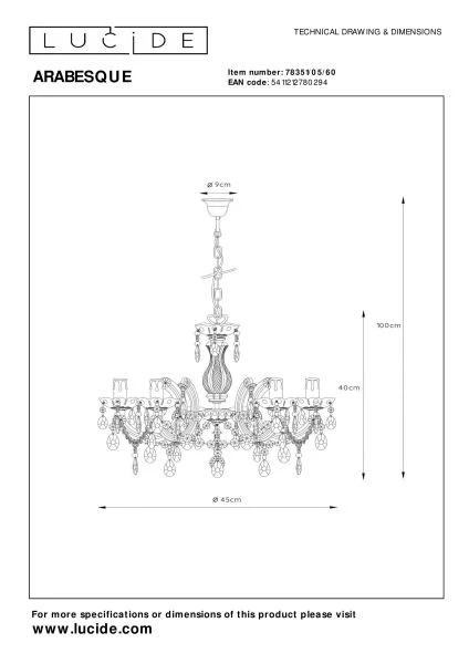 Lucide ARABESQUE - Chandelier - Ø 45 cm - 5xE14 - Transparant - technical